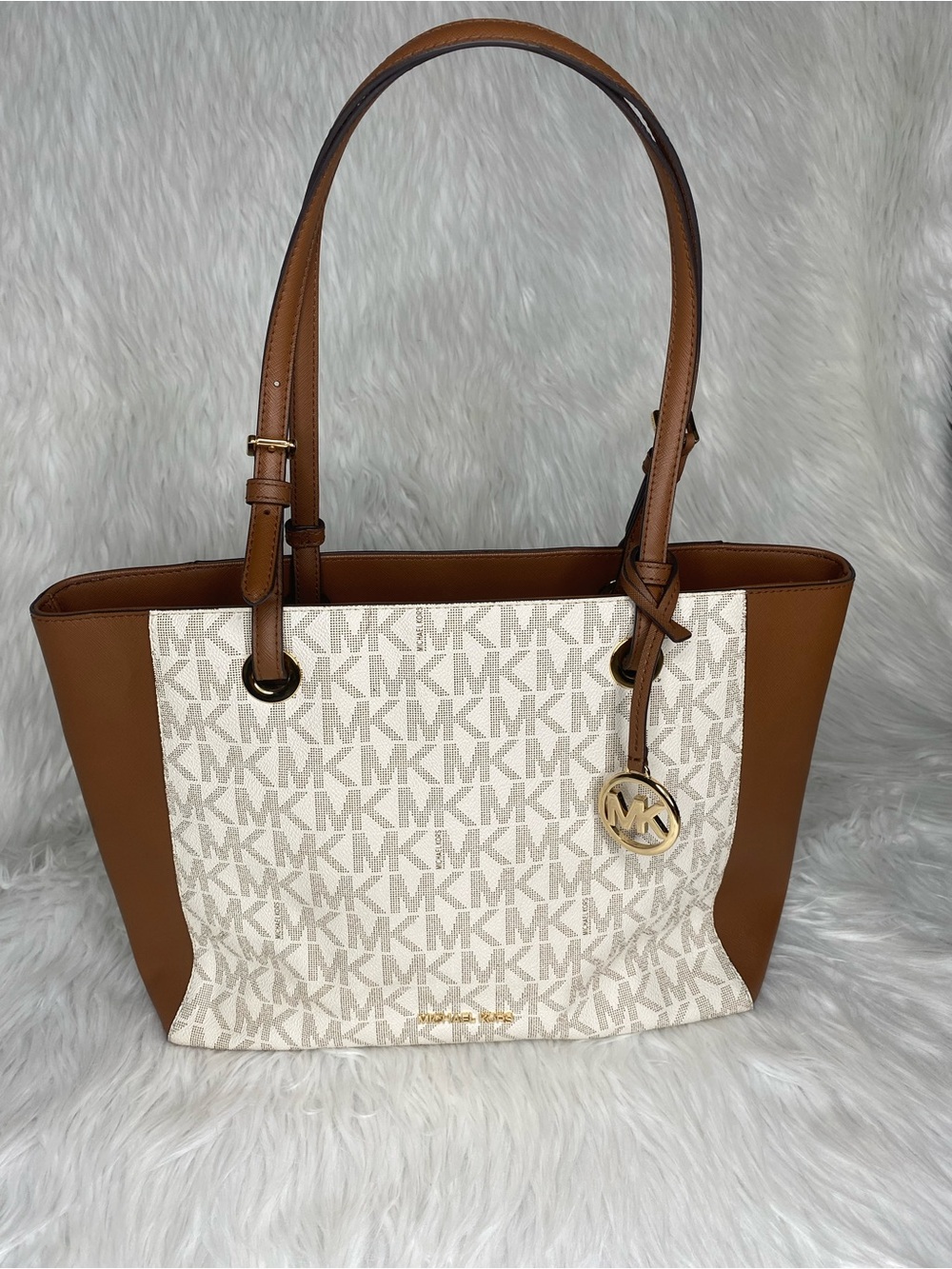 Michael Kors Tan and Cream Logo Canvas Tote